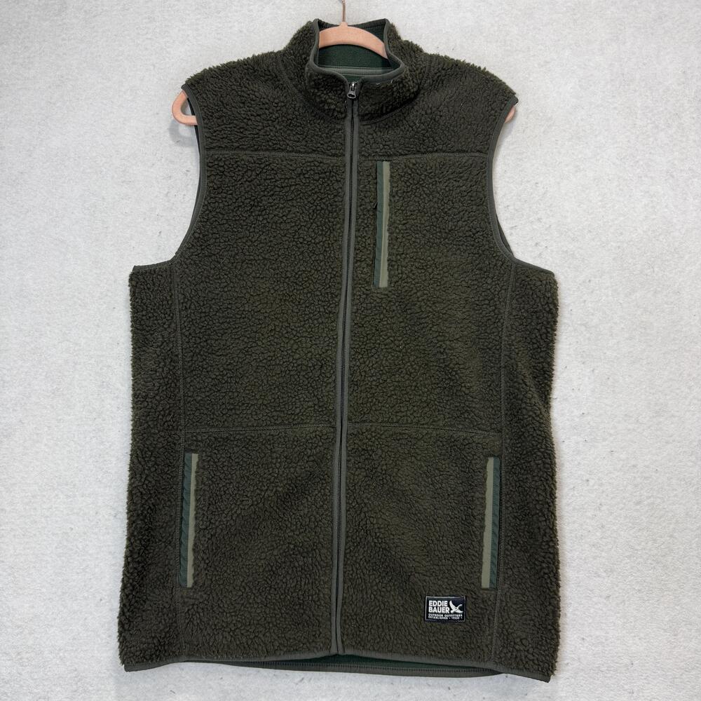 Eddie Bauer Vest Mens MT Green Sherpa Fleece Full Zip Pockets Outdoor Hiking